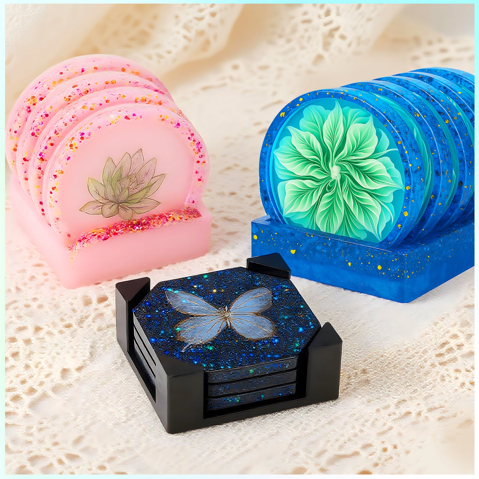 DIY Geometric Resin Coaster Molds - 12 Pcs Silicone Set with Holder