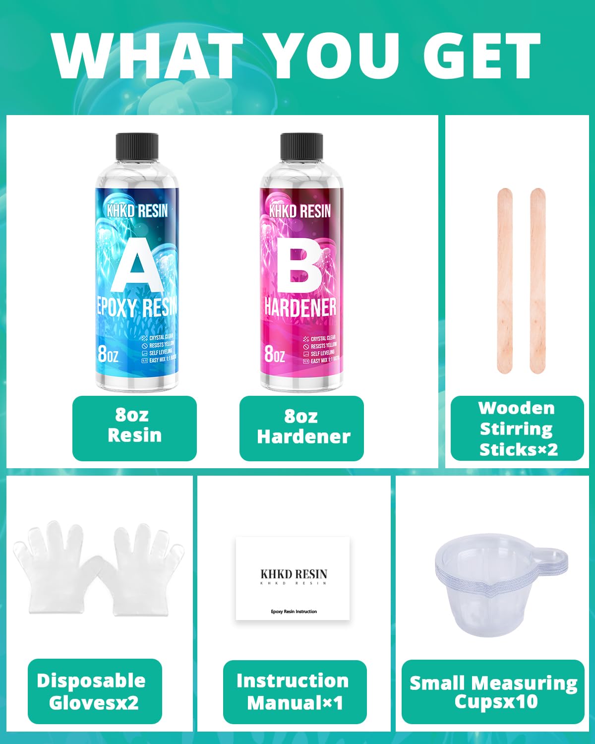 KHKD 16oz Art Resin Kit Accessories โ 2 Wooden Sticks, 2 Gloves, 10 Small Measuring Cups, and 1 Instruction Manual