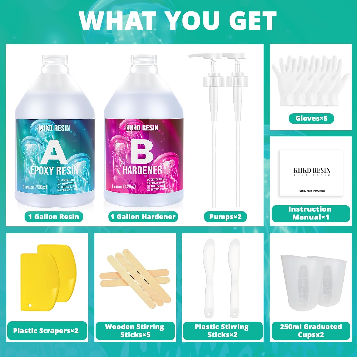 KHKD 2 Gallon Art Resin Kit Accessories โ 2 Pumps, 5 Gloves, 2 Scrapers, 5 Wooden Sticks, 2 Plastic Sticks, 2 Cups, 1 Manual