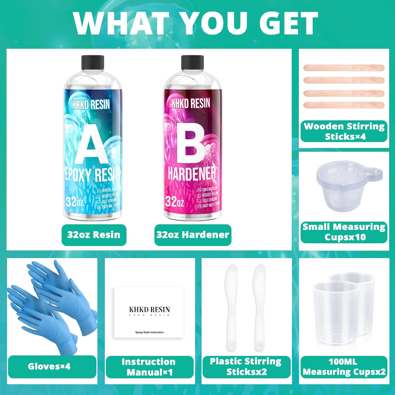 KHKD 64oz Art Resin Kit Accessories โ 4 Wooden Sticks, 4 Gloves, 2 Plastic Sticks, 2 Measuring Cups, and 1 Manual