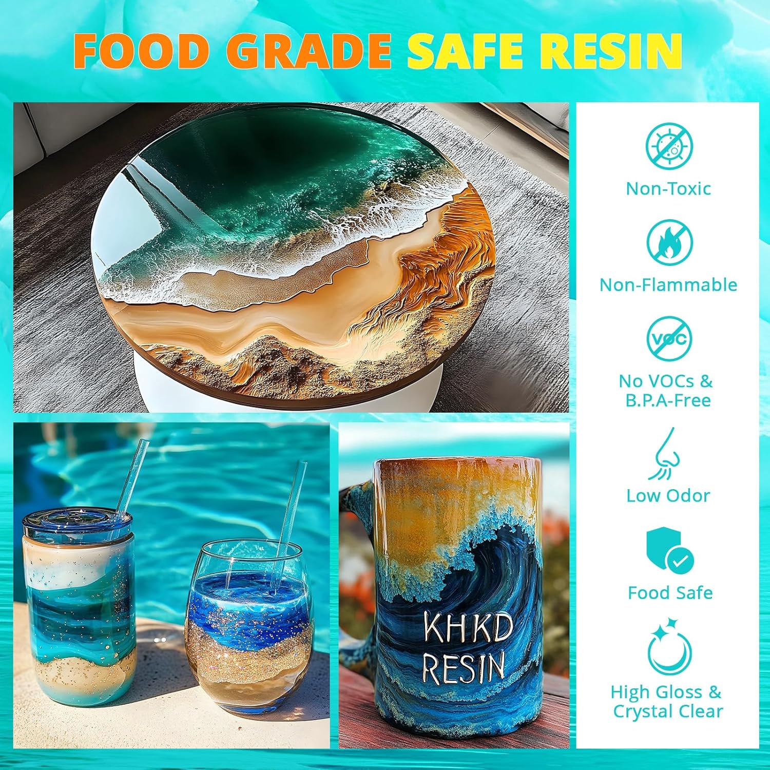 KHKD Fast Cure Resin โ Food Safe, Non-Toxic, Low Odor, No VOCs, BPA-Free, High Gloss, Clear Finish for Art and Crafts