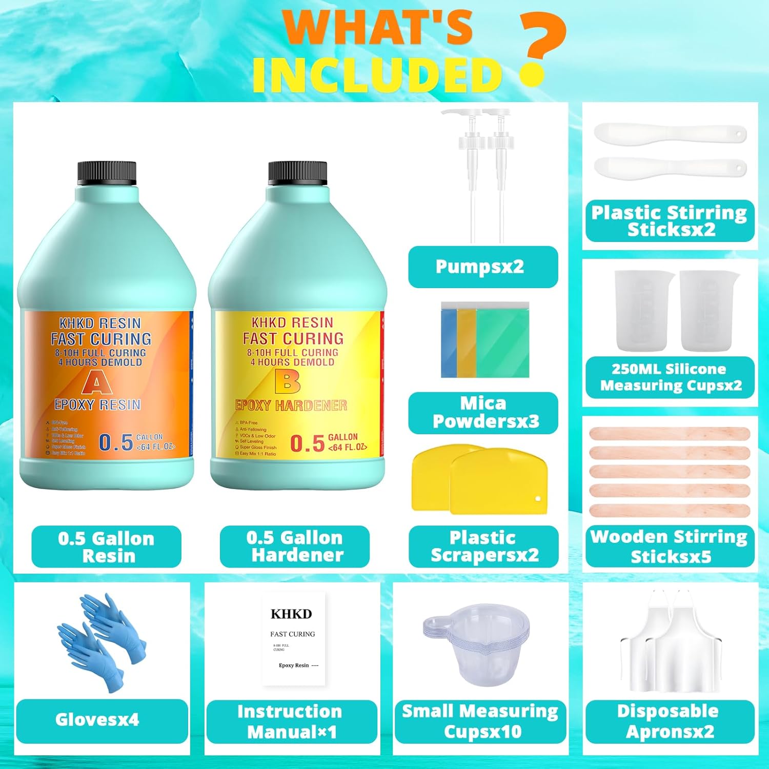 KHKD 1 Gallon Fast Cure Resin Kit Accessories โ Gloves, Pumps, Cup, Mica, Apron, Stir Sticks, Scrapers, Manual Included