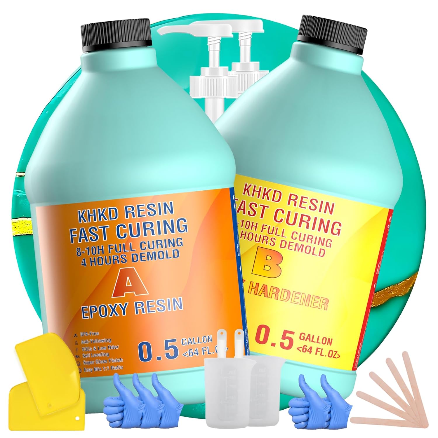 KHKD Fast Cure Resin Kit 1 Gallon โ Clear Epoxy with 1:1 Ratio, 4 Hour Demold, 8โ10 Hour Cure, Includes Hardener