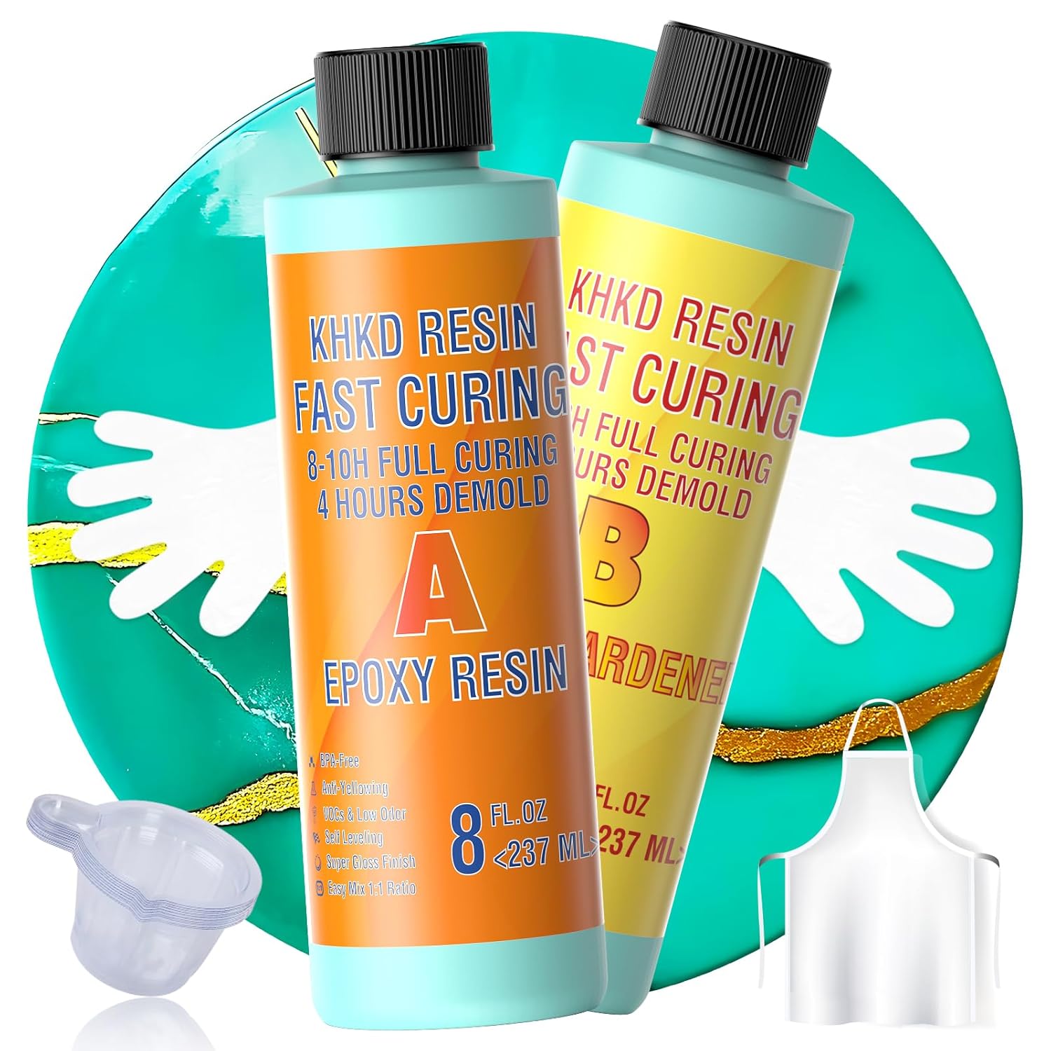 KHKD Fast Cure Resin Kit 16oz โ Clear Epoxy with 1:1 Ratio, 4 Hour Demold, 8โ10 Hour Cure, Includes Hardener