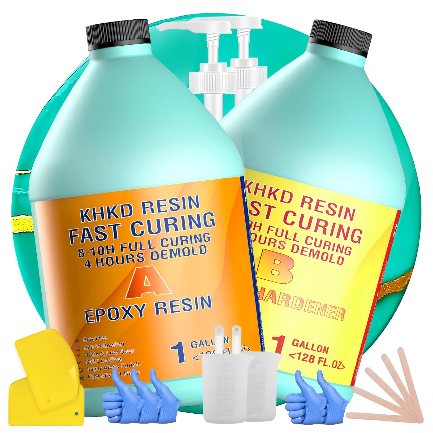 KHKD Fast Cure Resin Kit 2 Gallon โ Clear Epoxy with 1:1 Ratio, 4 Hour Demold, 8โ10 Hour Cure, Includes Hardener