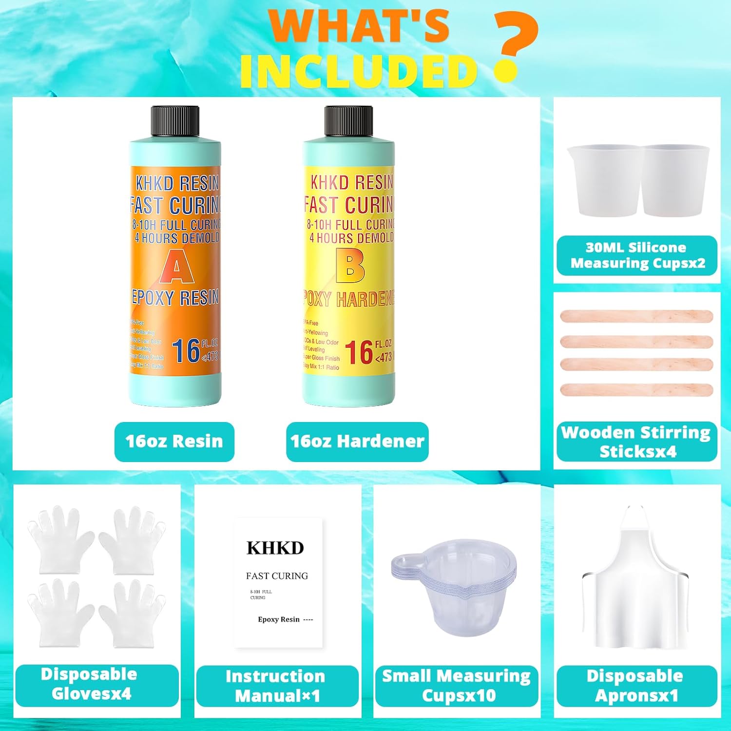 KHKD 32oz Fast Cure Resin Kit Accessories โ Includes Gloves, Stir Sticks, Silicone Cups, Apron, Instruction Manual