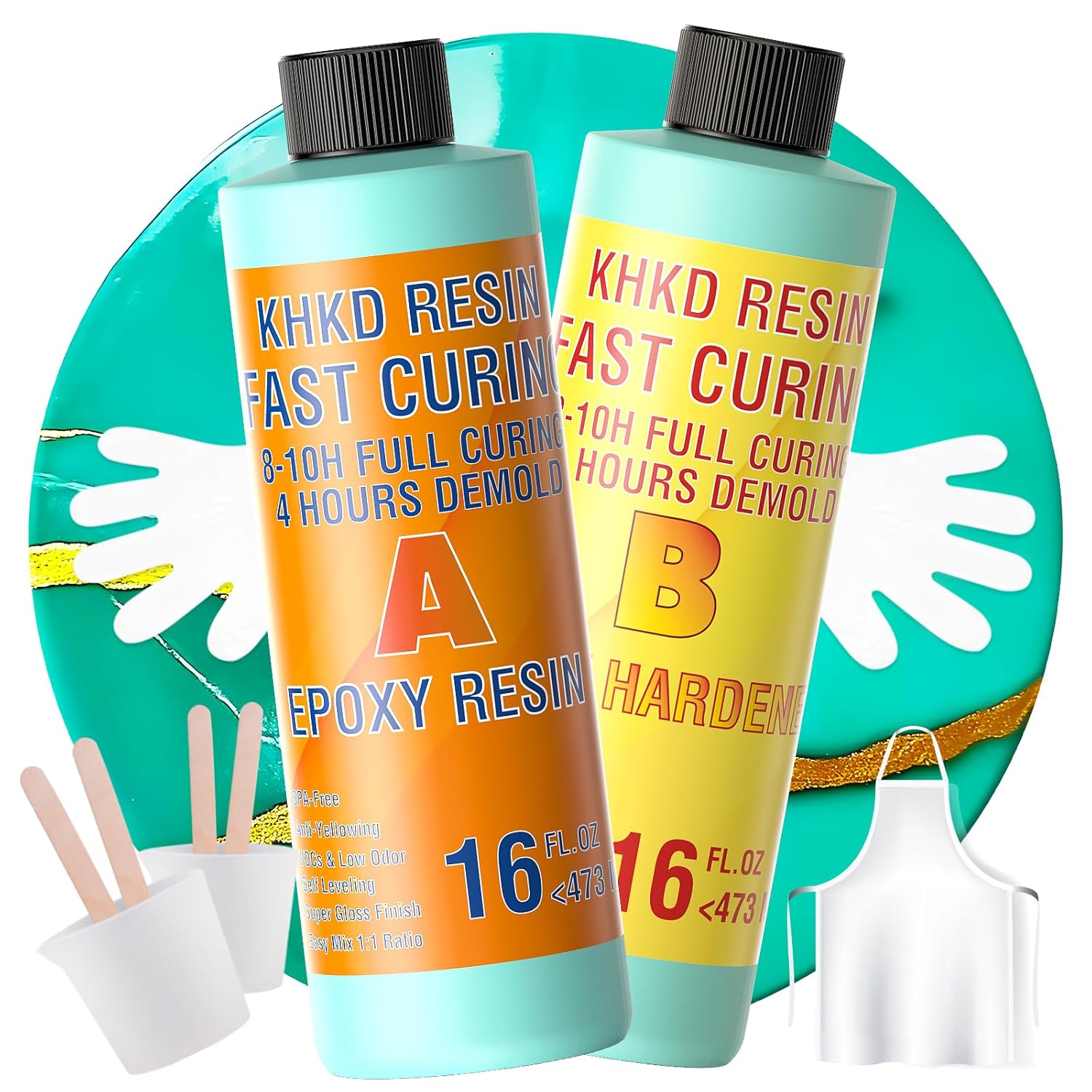 KHKD Fast Cure Resin Kit 32oz โ Clear Epoxy with 1:1 Ratio, 4 Hour Demold, 8โ10 Hour Cure, Includes Hardener