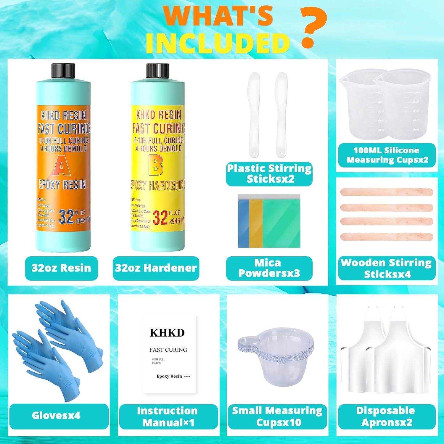 KHKD 64oz Fast Cure Resin Kit Accessories โ Includes Gloves, Stir Sticks, Silicone Cup, Mica, Apron, Instruction Manual