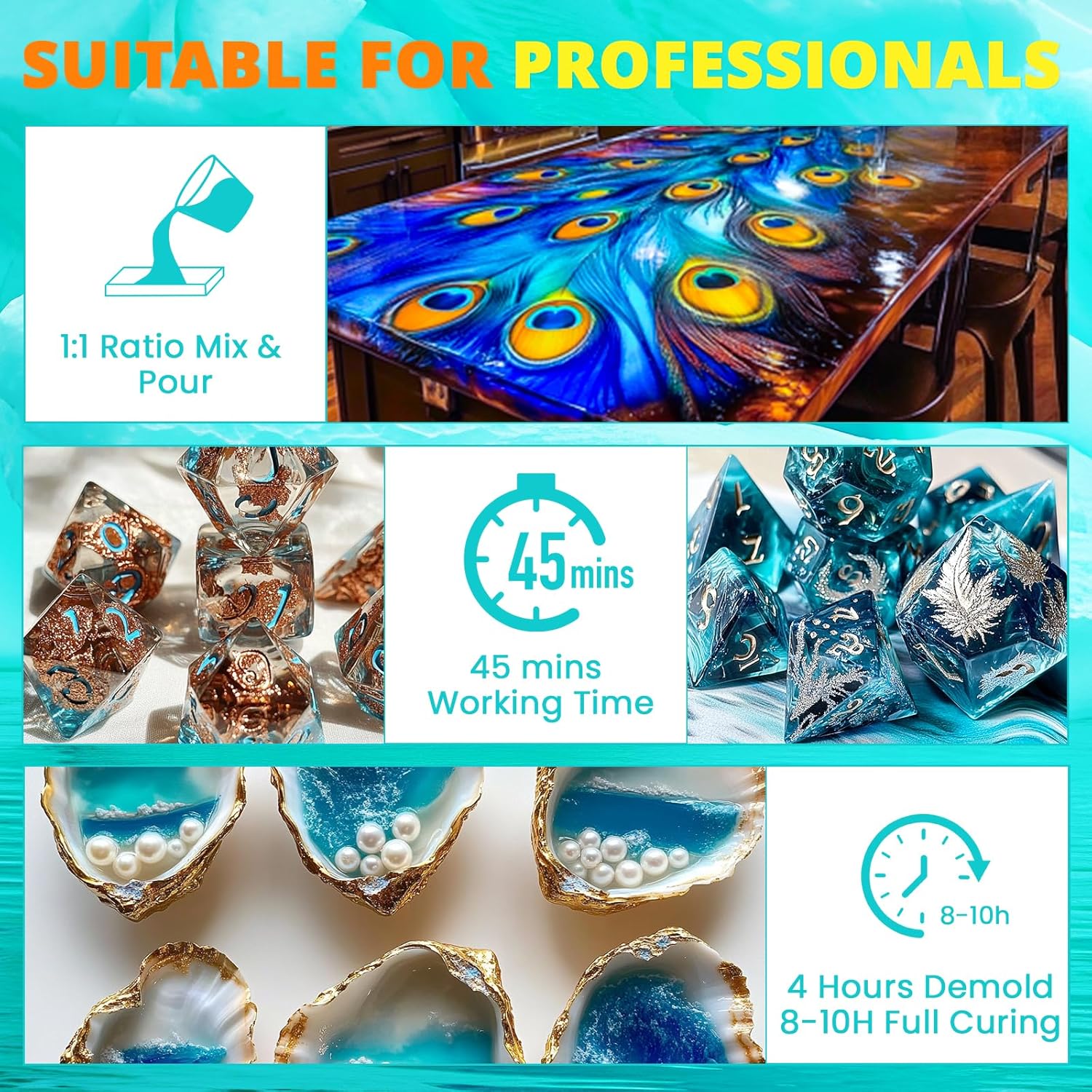 KHKD Fast Cure Resin โ 1:1 Mix, 45 Min Work Time, 4 Hour Demold, 8โ10 Hour Cure, Perfect for Art and Craft Projects
