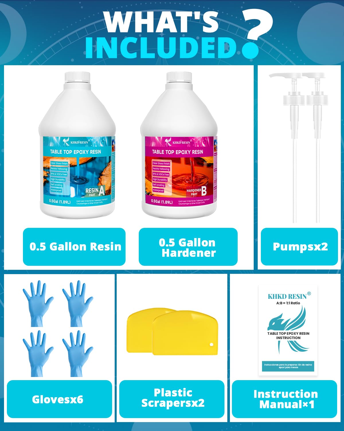 KHKD 1 Gallon Tabletop Epoxy Resin Kit Accessories โ Includes 2 Pumps, 6 Gloves, 2 Scrapers, 1 Manual