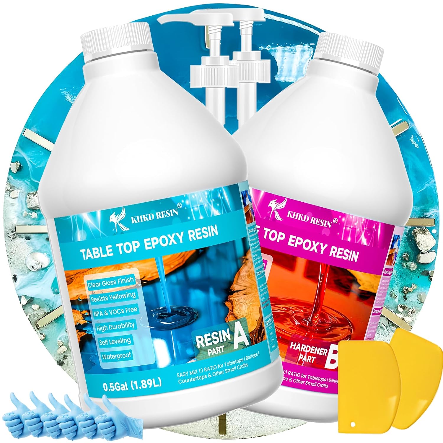 KHKD 1 Gallon Tabletop Epoxy Resin Kit โ Clear Gloss, 1:1 Ratio with Resin and Hardener for DIY and Craft Projects