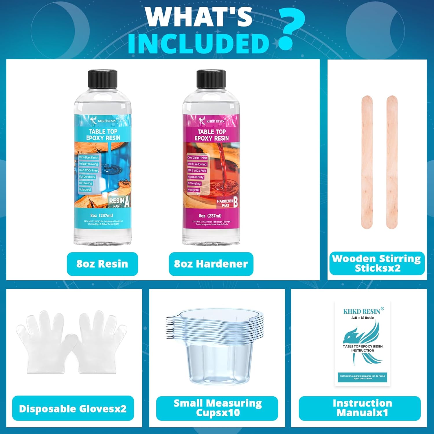 KHKD 16oz Tabletop Epoxy Resin Kit Accessories โ 2 Disposable Gloves, 10 Small Measuring Cups, 2 Wooden Sticks, 1 Manual