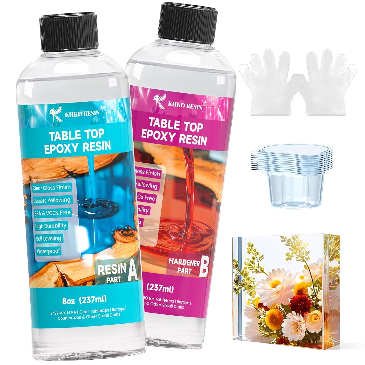KHKD 16oz Tabletop Epoxy Resin Kit โ Clear Gloss, 1:1 Ratio with Resin and Hardener for DIY and Craft Projects