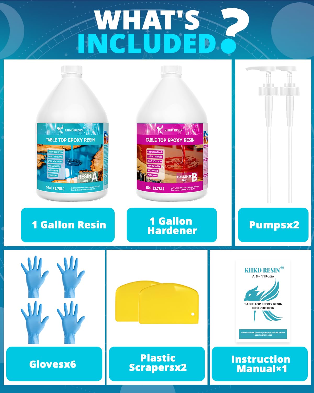 KHKD 2 Gallon Tabletop Epoxy Resin Kit Accessories โ Includes 2 Pumps, 6 Gloves, 2 Scrapers, 1 Manual