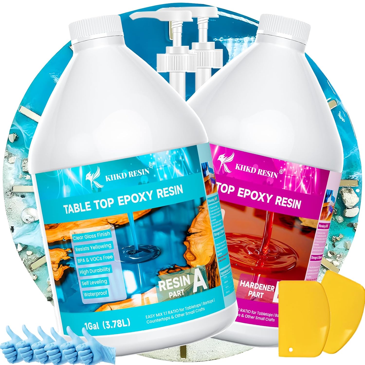 KHKD 2 Gallon Tabletop Epoxy Resin Kit โ Clear Gloss, 1:1 Ratio with Resin and Hardener for DIY and Craft Projects