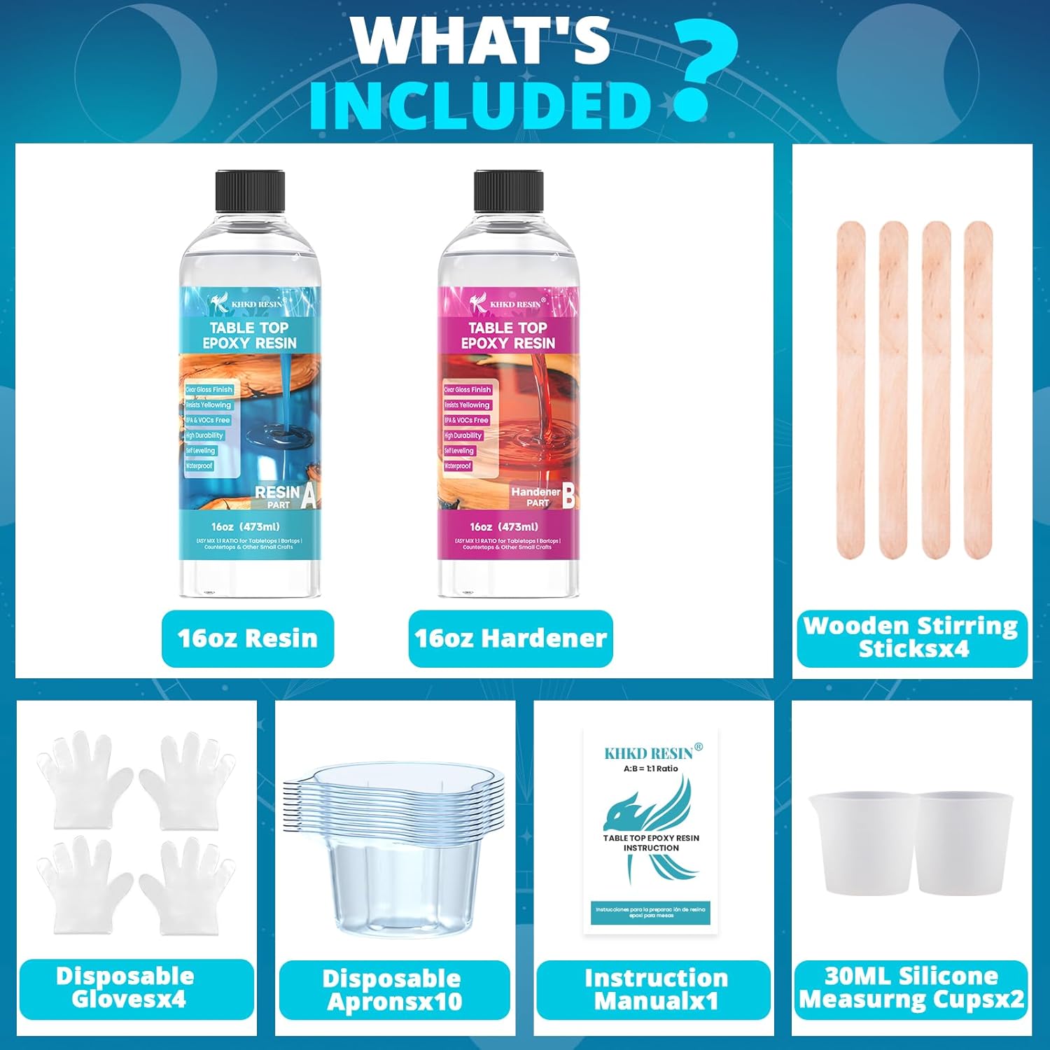 KHKD 16oz Tabletop Epoxy Resin Kit Accessories โ 2 Disposable Gloves, 10 Small Measuring Cups, 2 Wooden Sticks, 1 Manual