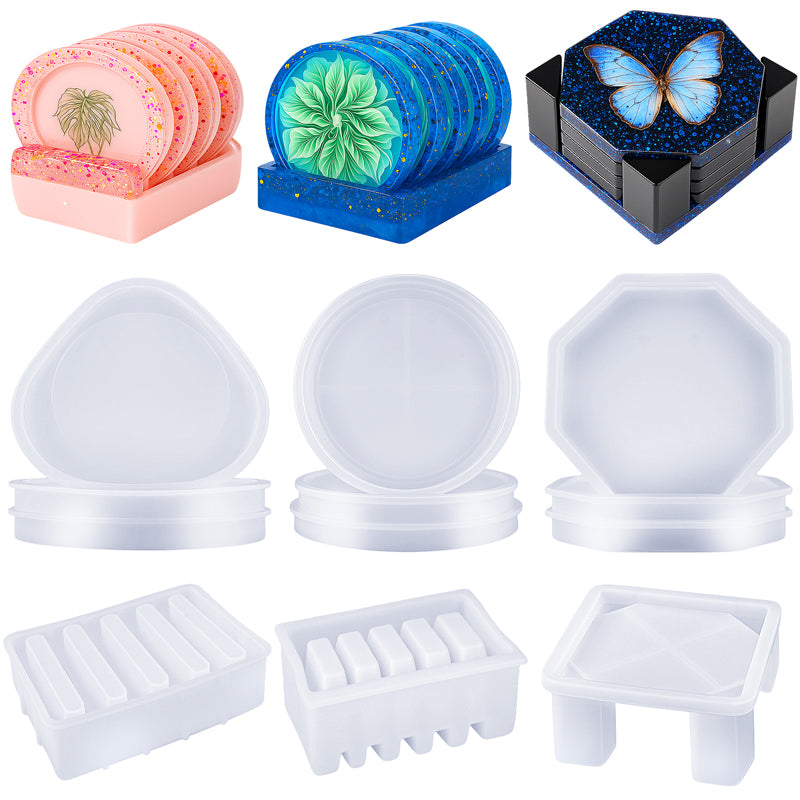DIY Geometric Resin Coaster Molds - 12 Pcs Silicone Set with Holder
