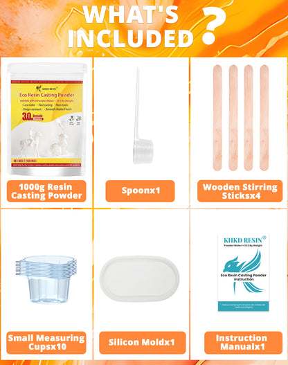 KHKD 1000g Resin Casting Powder Kit Accessories – Includes spoon, 4 sticks, 10 cups, 1 silicon mold, 1 manual