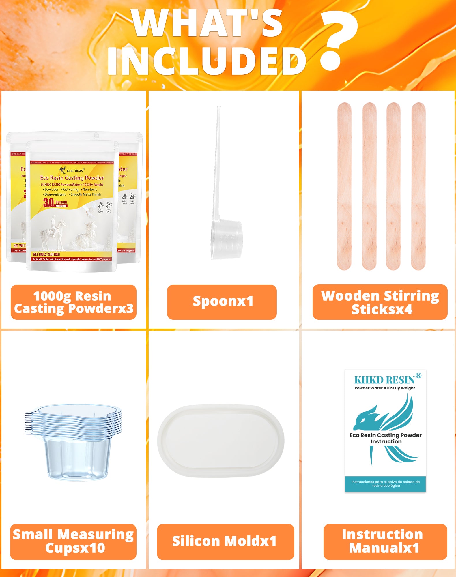 KHKD 3000g Resin Casting Powder Kit Accessories – Includes spoon, 4 sticks, 10 cups, 1 silicon mold, 1 manual