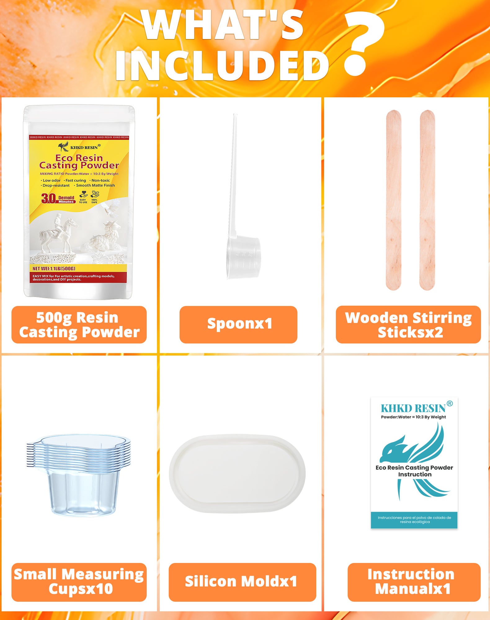 KHKD 500g Resin Casting Powder Kit Accessories – Includes spoon, 2 stir sticks, 10 cups, 1 silicon mold, 1 manual