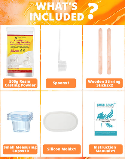 KHKD 500g Resin Casting Powder Kit Accessories – Includes spoon, 2 stir sticks, 10 cups, 1 silicon mold, 1 manual