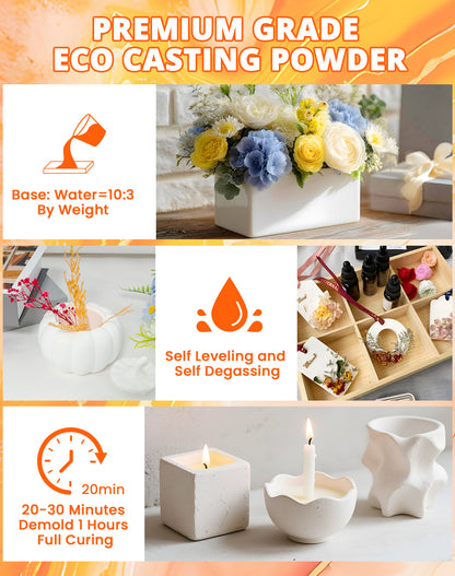 KHKD Resin Casting Powder Kit Feature – 3:1 mix ratio, self leveling, degassing, 20–30 min demold for vases, candles